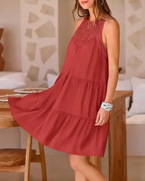 Crochet Lace Neckline Sleeveless Tent Mini Dress