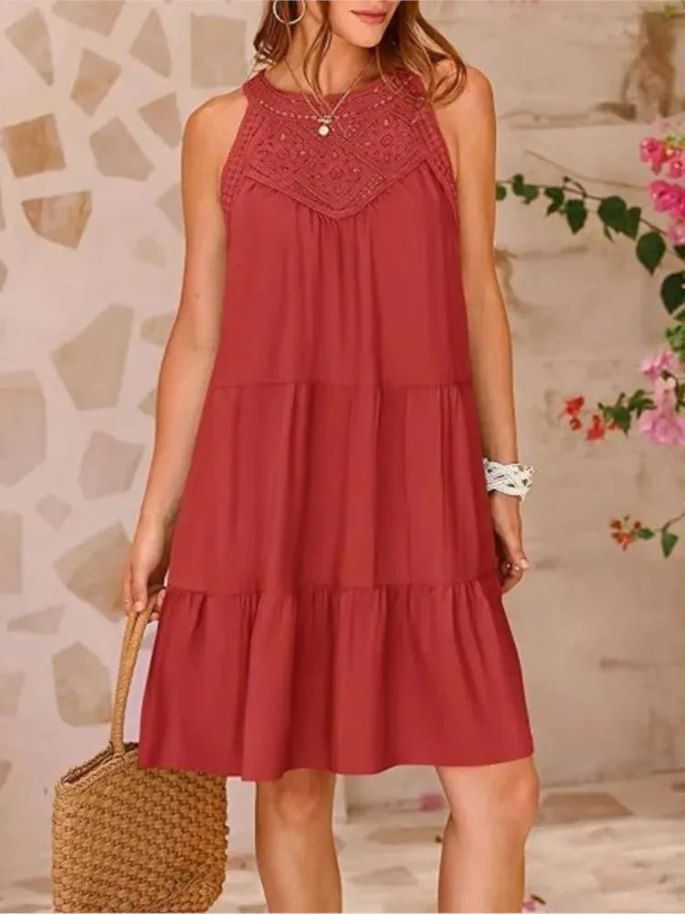 Crochet Lace Neckline Sleeveless Tent Mini Dress