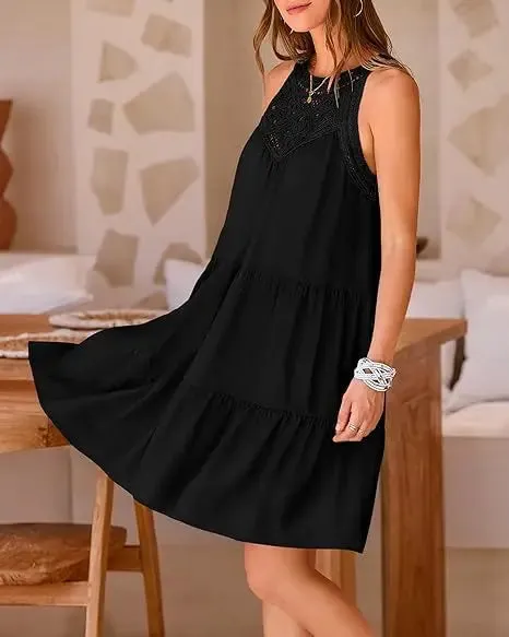 Crochet Lace Neckline Sleeveless Tent Mini Dress