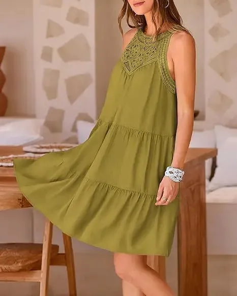 Crochet Lace Neckline Sleeveless Tent Mini Dress