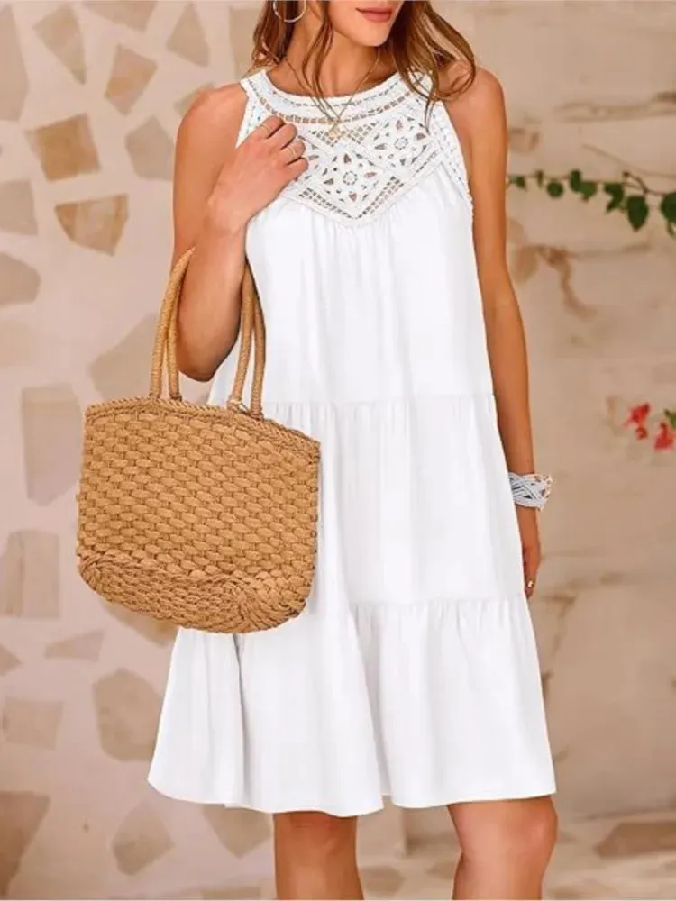 Crochet Lace Neckline Sleeveless Tent Mini Dress