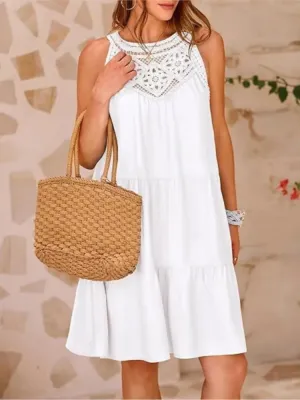 Crochet Lace Neckline Sleeveless Tent Mini Dress