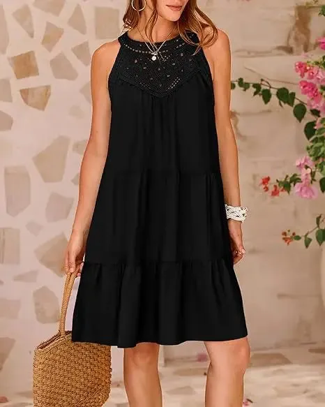 Crochet Lace Neckline Sleeveless Tent Mini Dress