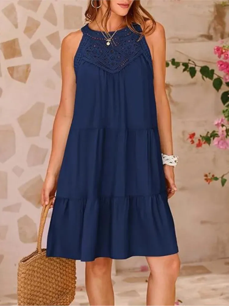Crochet Lace Neckline Sleeveless Tent Mini Dress