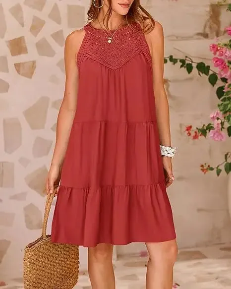 Crochet Lace Neckline Sleeveless Tent Mini Dress
