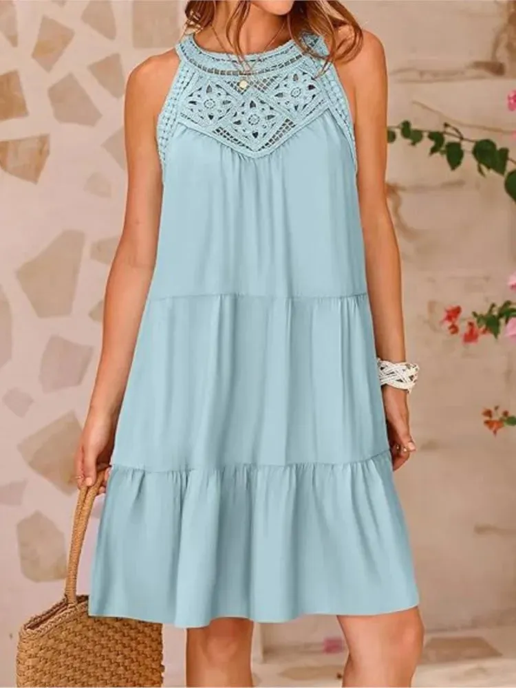Crochet Lace Neckline Sleeveless Tent Mini Dress