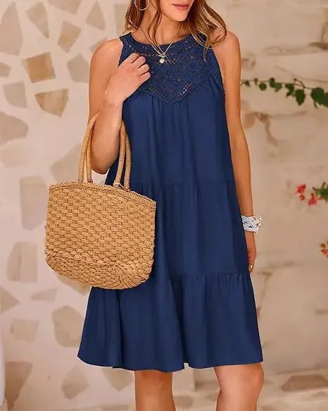 Crochet Lace Neckline Sleeveless Tent Mini Dress