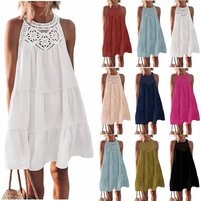 Crochet Lace Neckline Sleeveless Tent Mini Dress