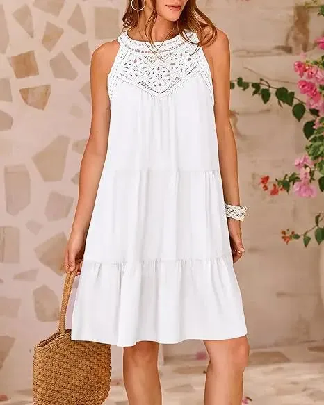 Crochet Lace Neckline Sleeveless Tent Mini Dress