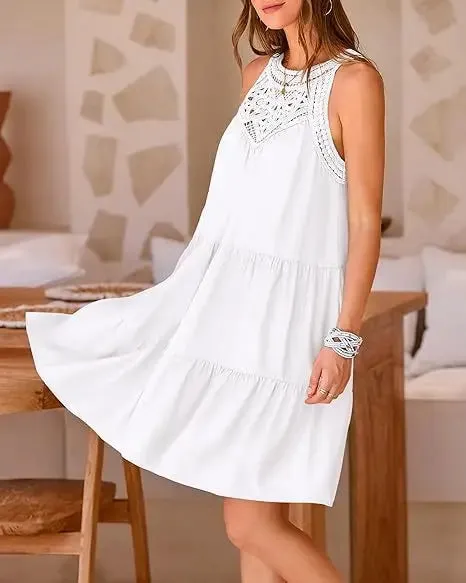 Crochet Lace Neckline Sleeveless Tent Mini Dress