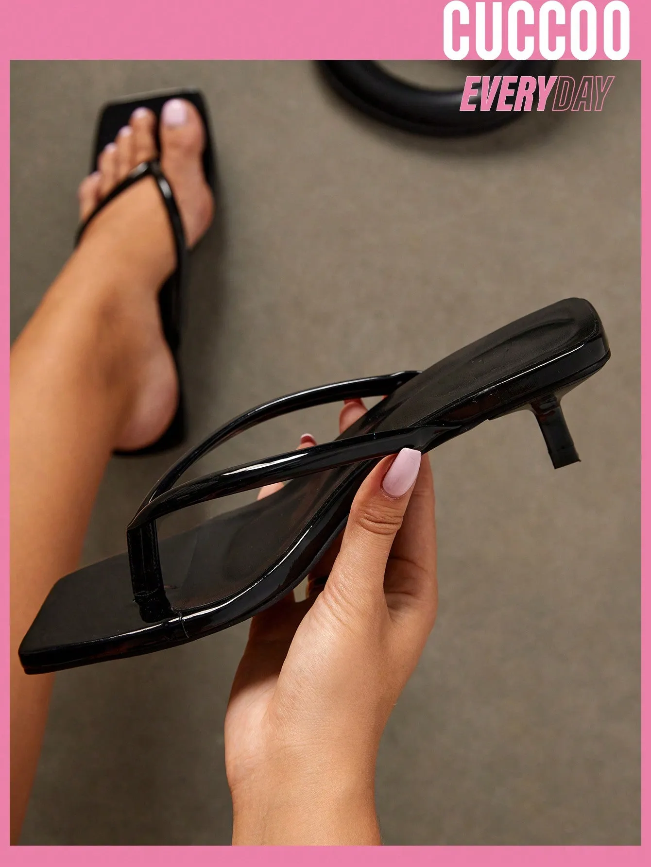 Cuccoo Everyday Collection Woman Shoes Toe Post Stiletto Heeled Minimalist Square Toe Black Sandals For Spring And Summer