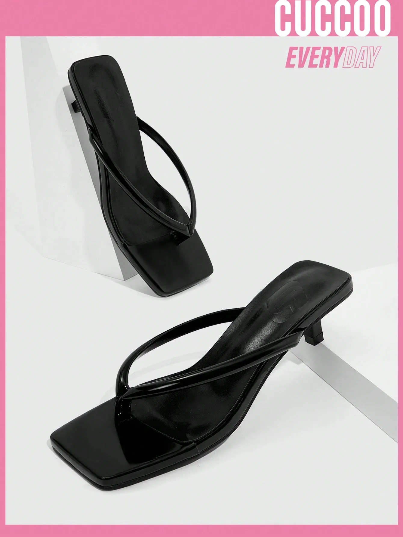 Cuccoo Everyday Collection Woman Shoes Toe Post Stiletto Heeled Minimalist Square Toe Black Sandals For Spring And Summer