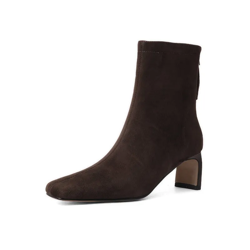 Elegant Ankle Boots 60mm Heeled Back Zipper Slimming Boots in Black/Brown/Suede Brown