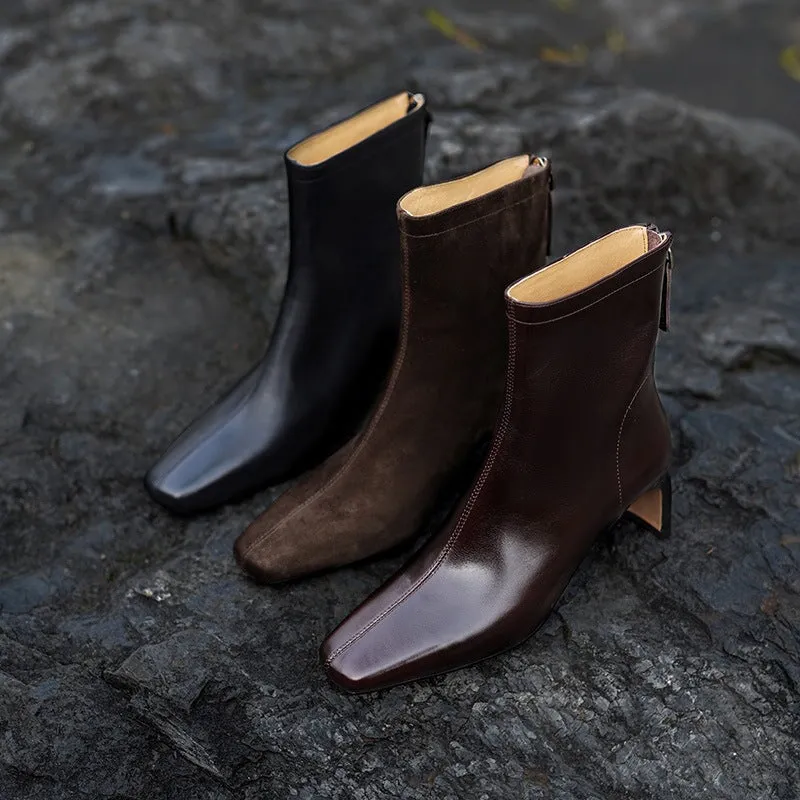 Elegant Ankle Boots 60mm Heeled Back Zipper Slimming Boots in Black/Brown/Suede Brown