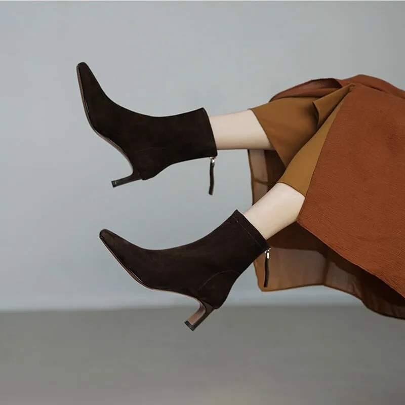 Elegant Ankle Boots 60mm Heeled Back Zipper Slimming Boots in Black/Brown/Suede Brown