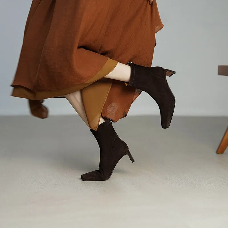 Elegant Ankle Boots 60mm Heeled Back Zipper Slimming Boots in Black/Brown/Suede Brown