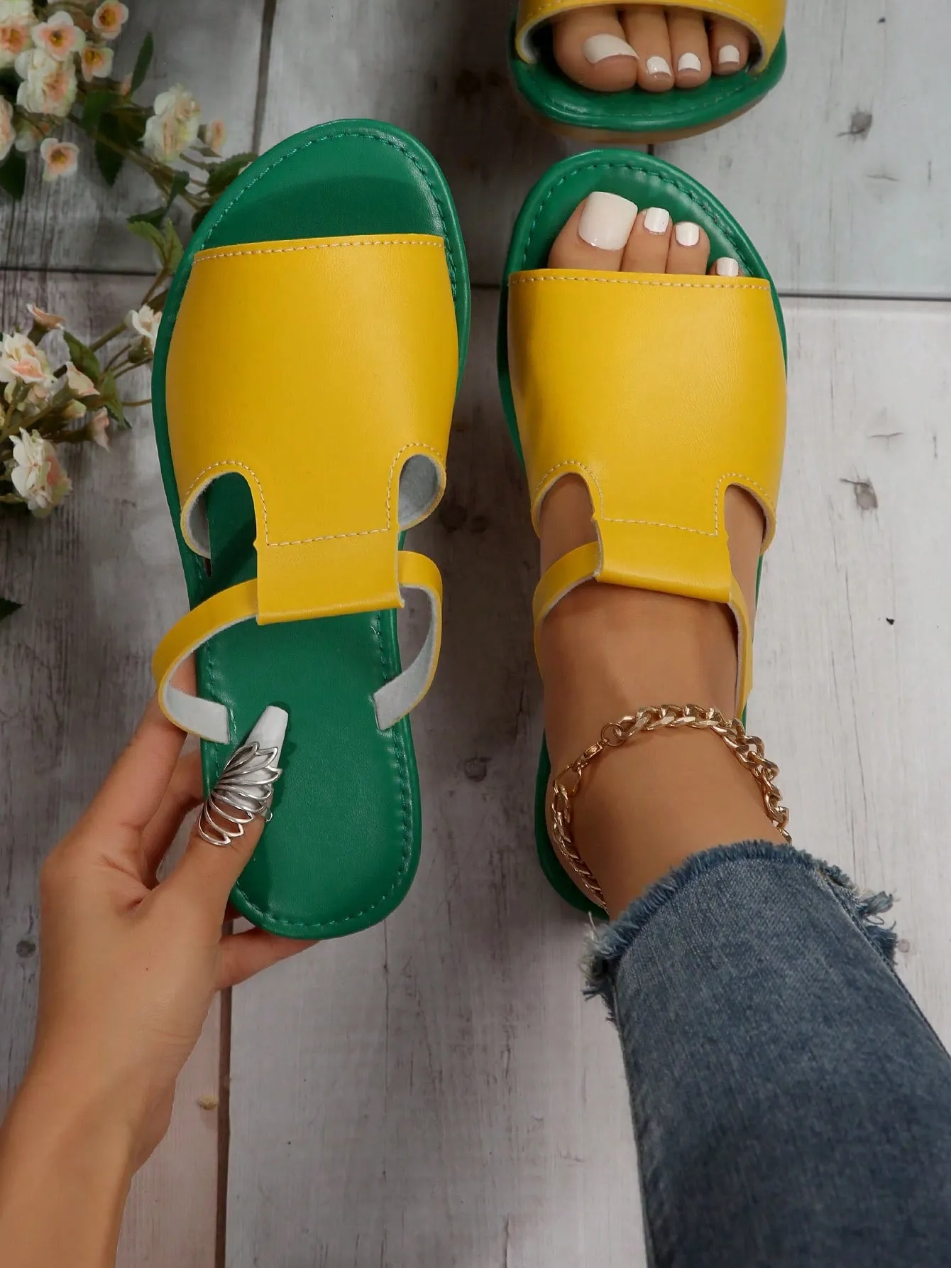 Elegant Black Sandals For Women, Minimalist Cut Out Slide Sandals