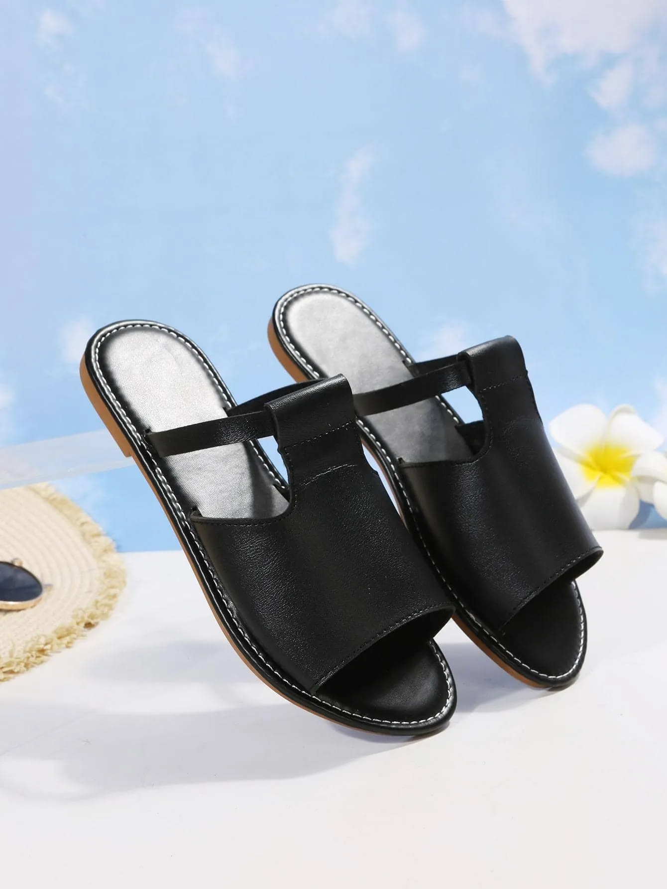 Elegant Black Sandals For Women, Minimalist Cut Out Slide Sandals