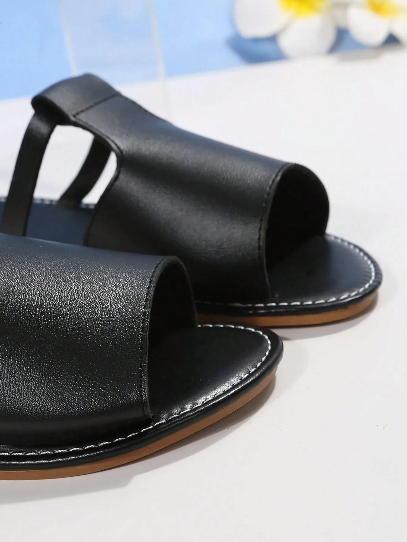 Elegant Black Sandals For Women, Minimalist Cut Out Slide Sandals