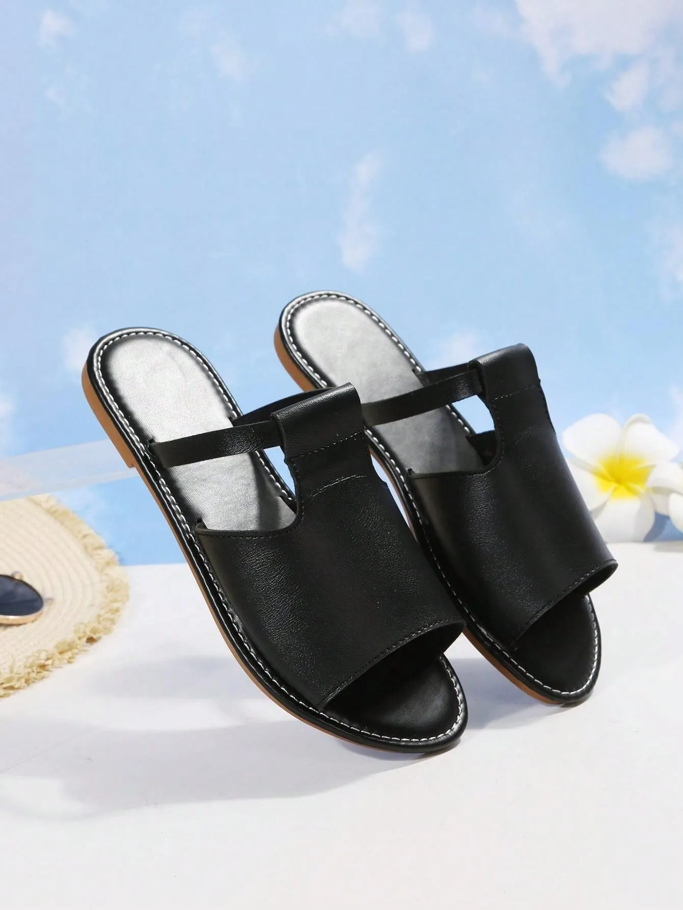 Elegant Black Sandals For Women, Minimalist Cut Out Slide Sandals