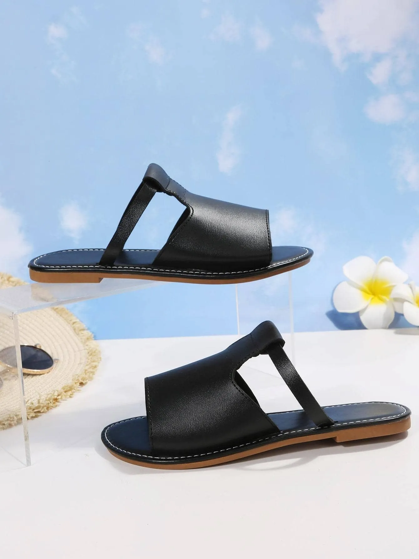 Elegant Black Sandals For Women, Minimalist Cut Out Slide Sandals