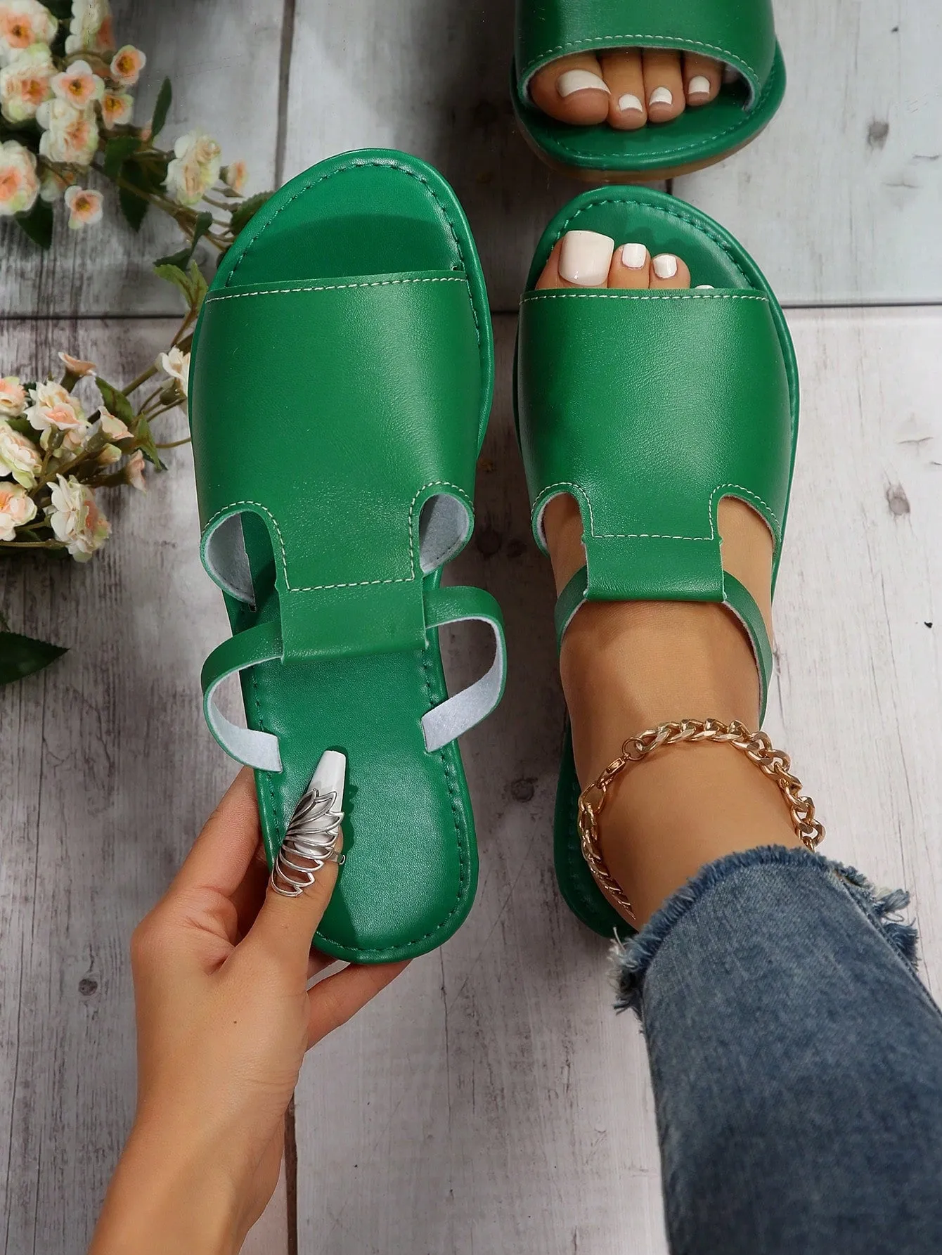 Elegant Black Sandals For Women, Minimalist Cut Out Slide Sandals