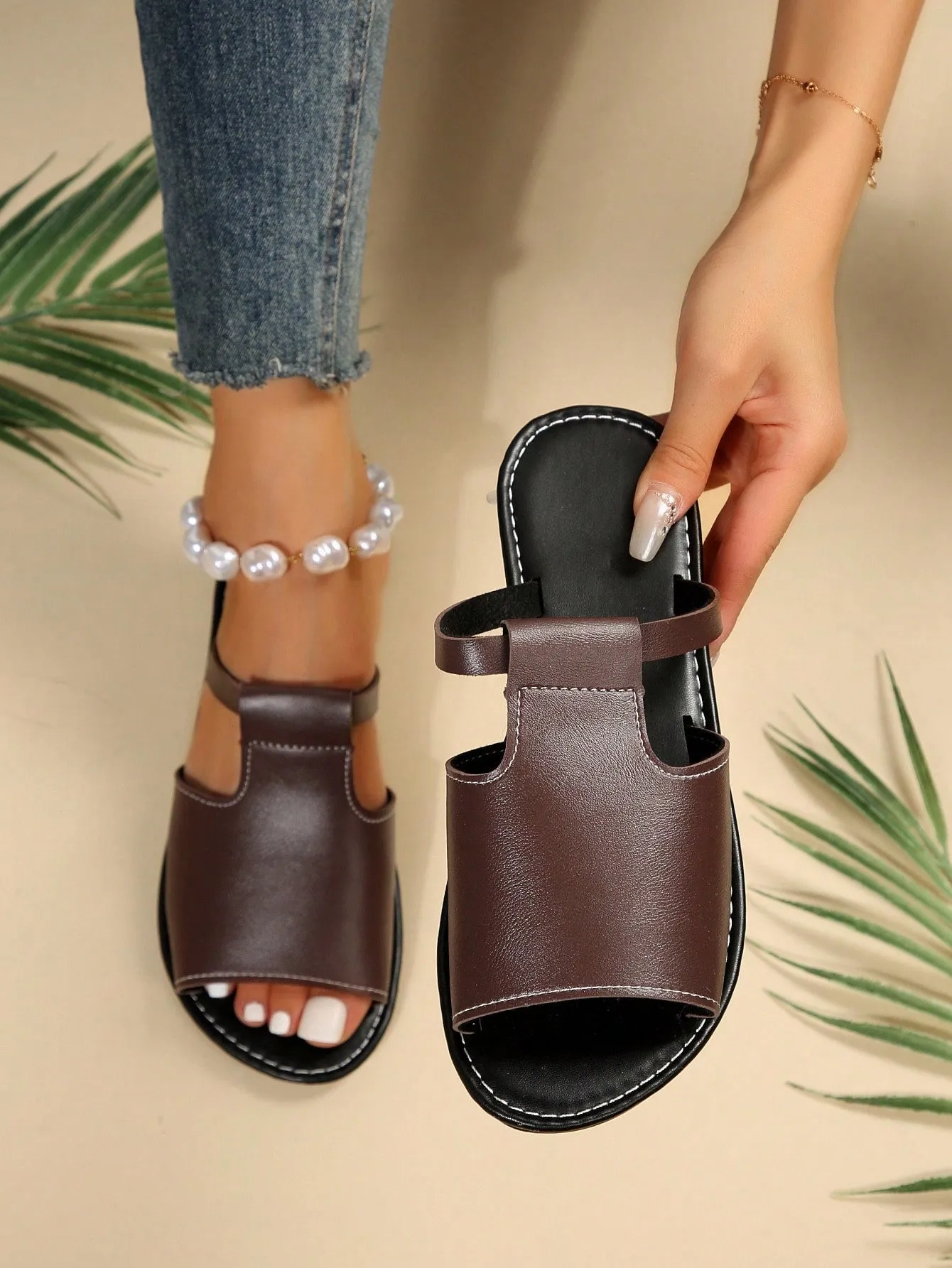 Elegant Black Sandals For Women, Minimalist Cut Out Slide Sandals