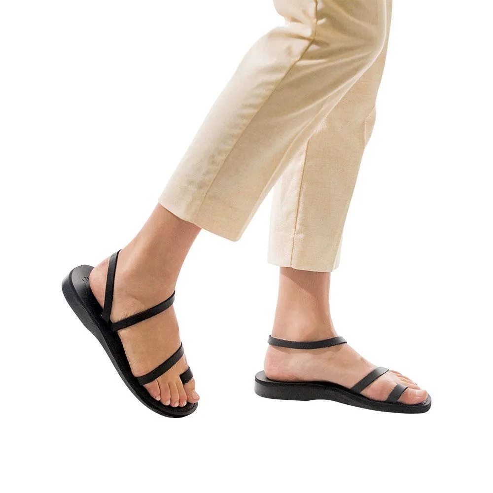 Ella - Leather Ankle Strap Flat Sandal | Black