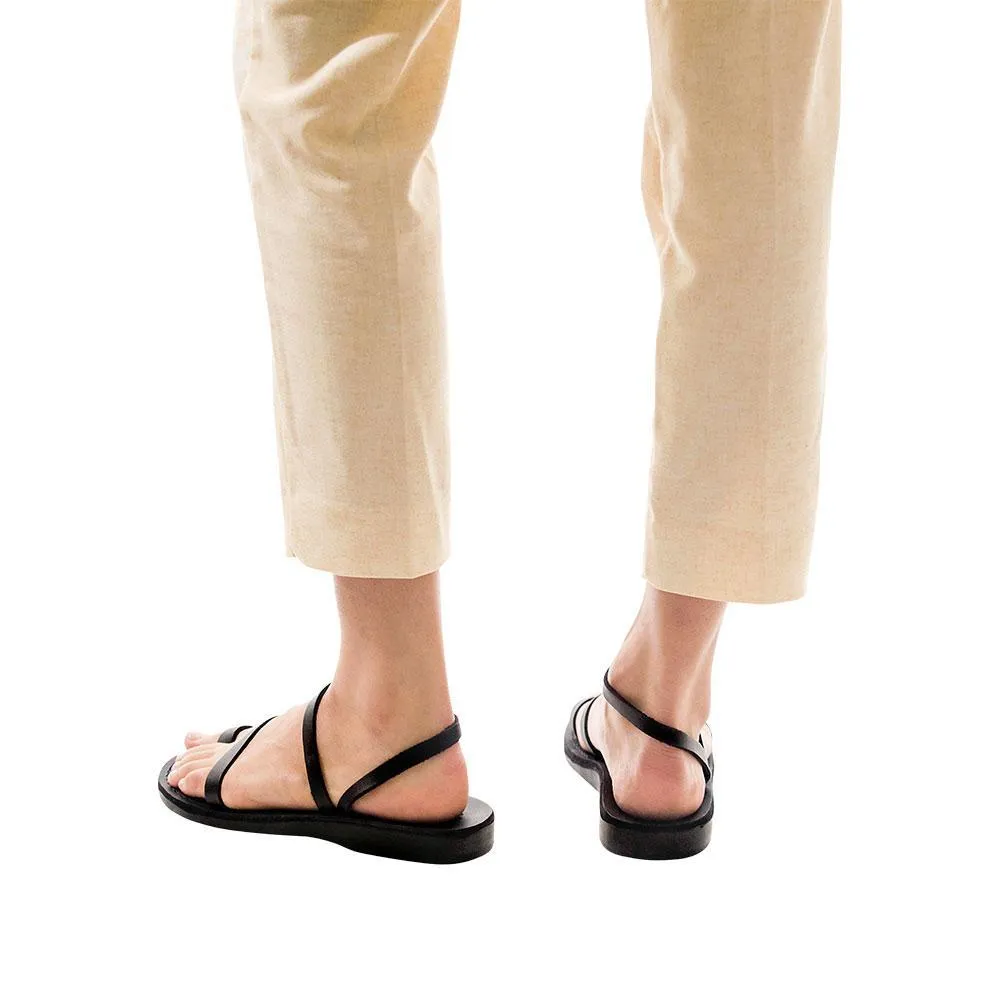 Ella - Leather Ankle Strap Flat Sandal | Black