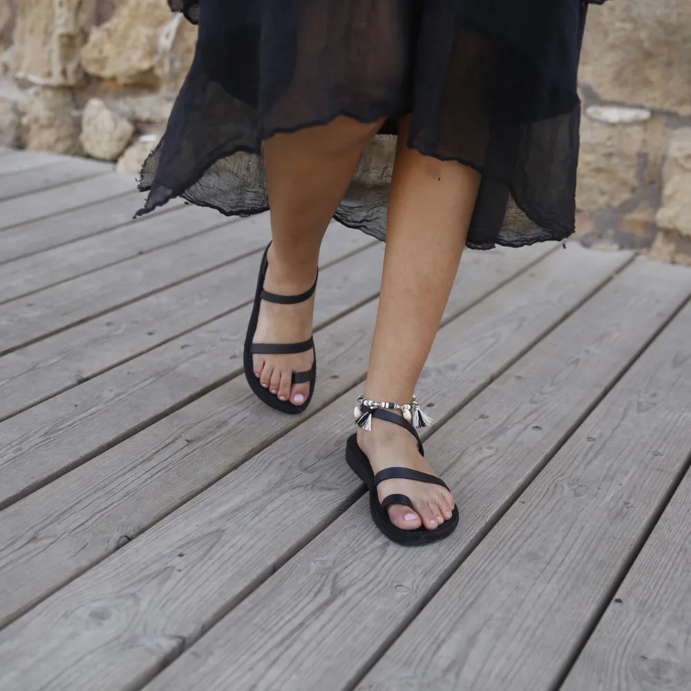 Ella - Leather Ankle Strap Flat Sandal | Black
