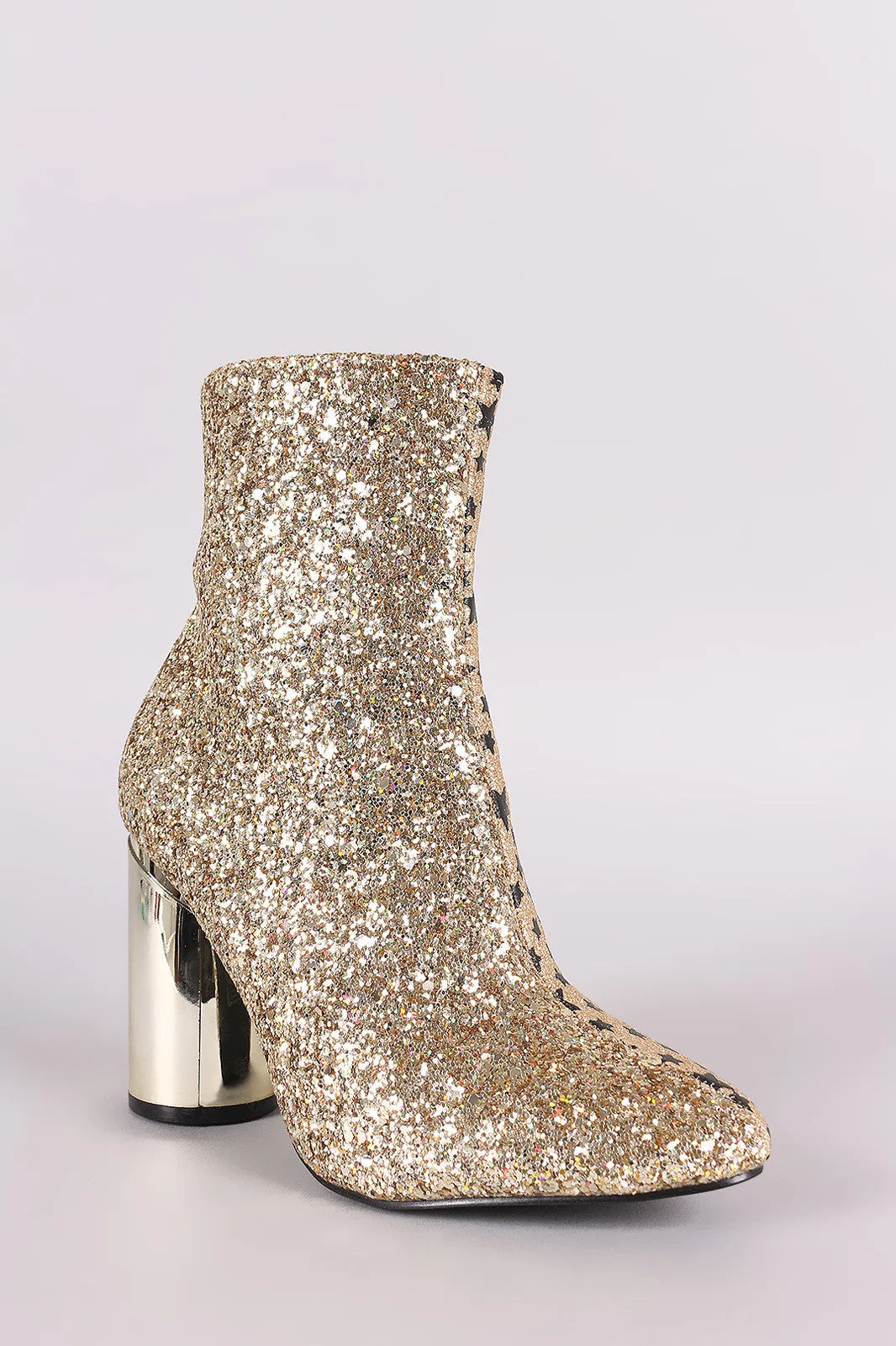 Encrusted Glitter Stars Print Mirror Round Heeled Ankle Boots