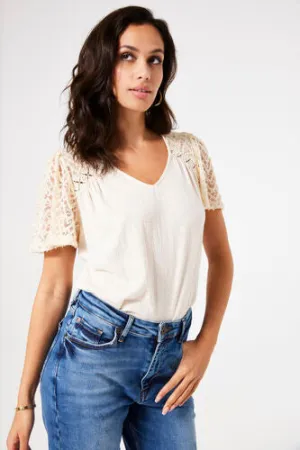 Garcia Off White Lace Sleeve Tee