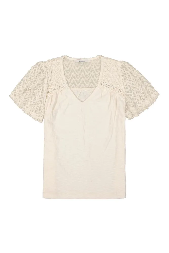 Garcia Off White Lace Sleeve Tee