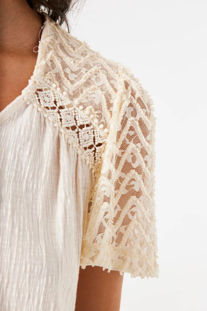 Garcia Off White Lace Sleeve Tee