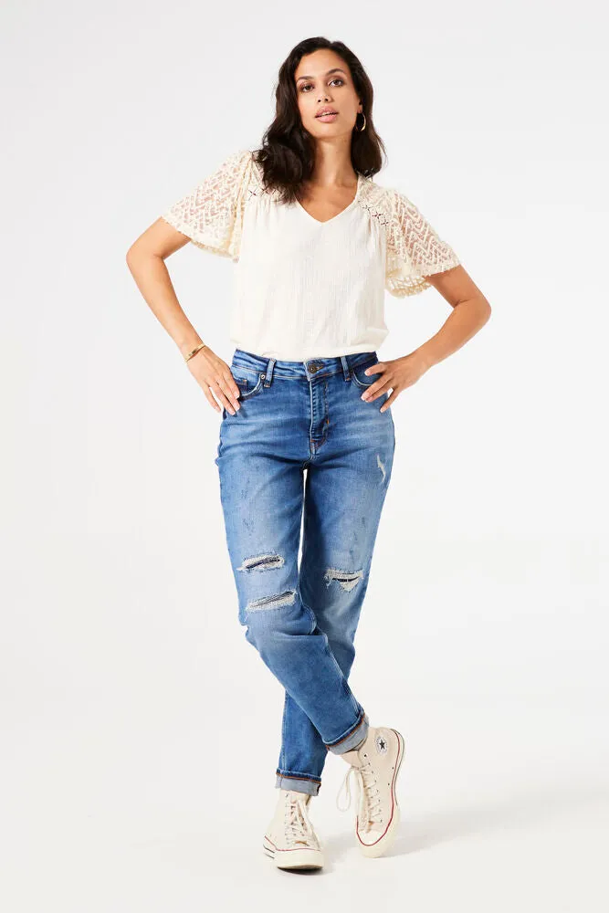 Garcia Off White Lace Sleeve Tee