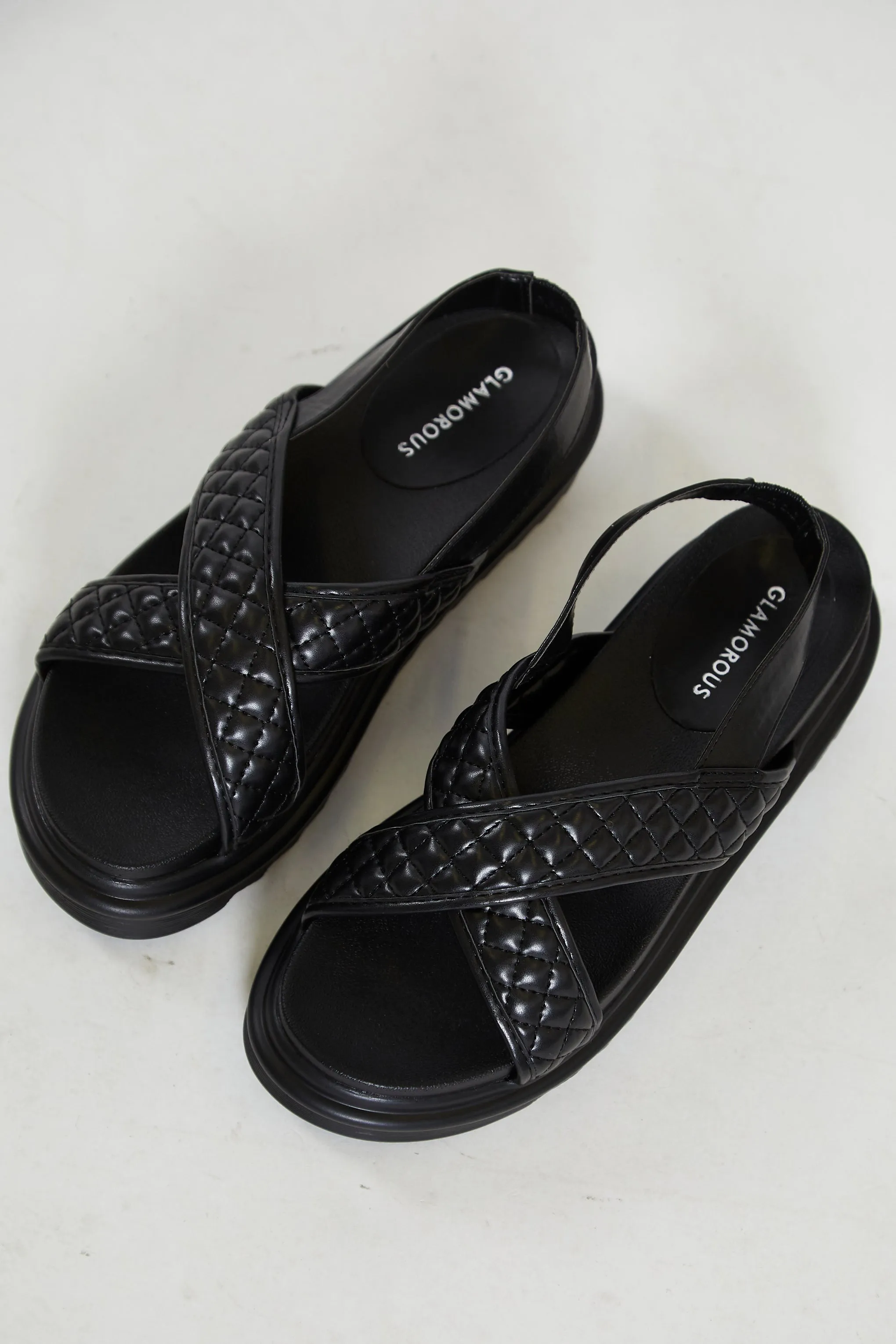 Glamorous Black Cross Strap Flatform Sandals