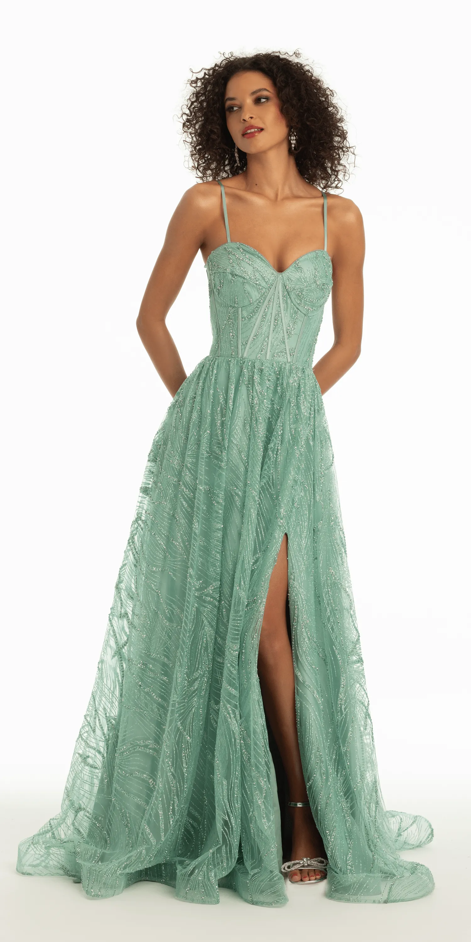 Glitter Sweetheart Corset A Line Dress with Side Slit
