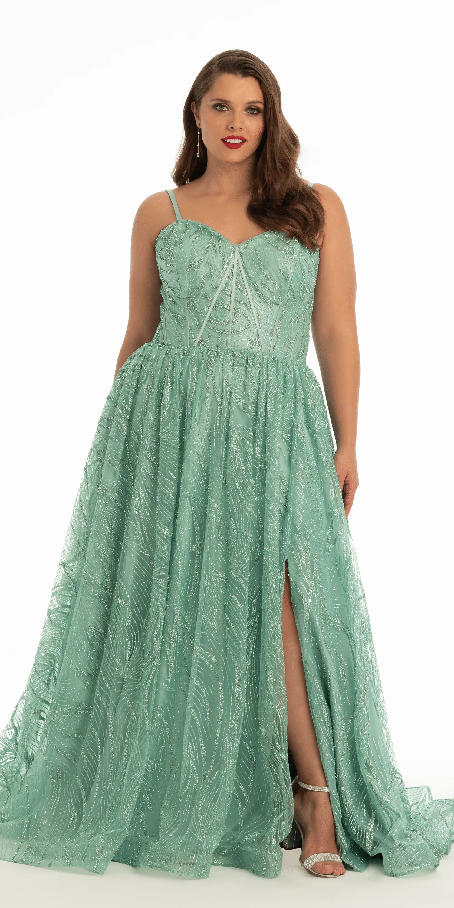 Glitter Sweetheart Corset A Line Dress with Side Slit