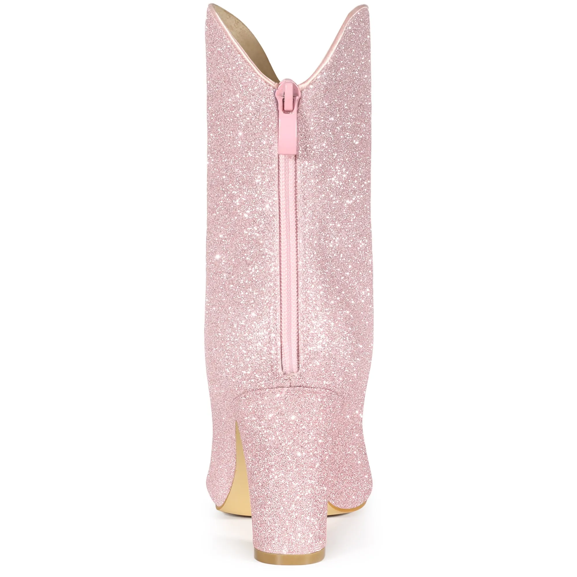 Glitter V Shape Pointy Toe Back Zipper Block Heel Mid Calf Boots