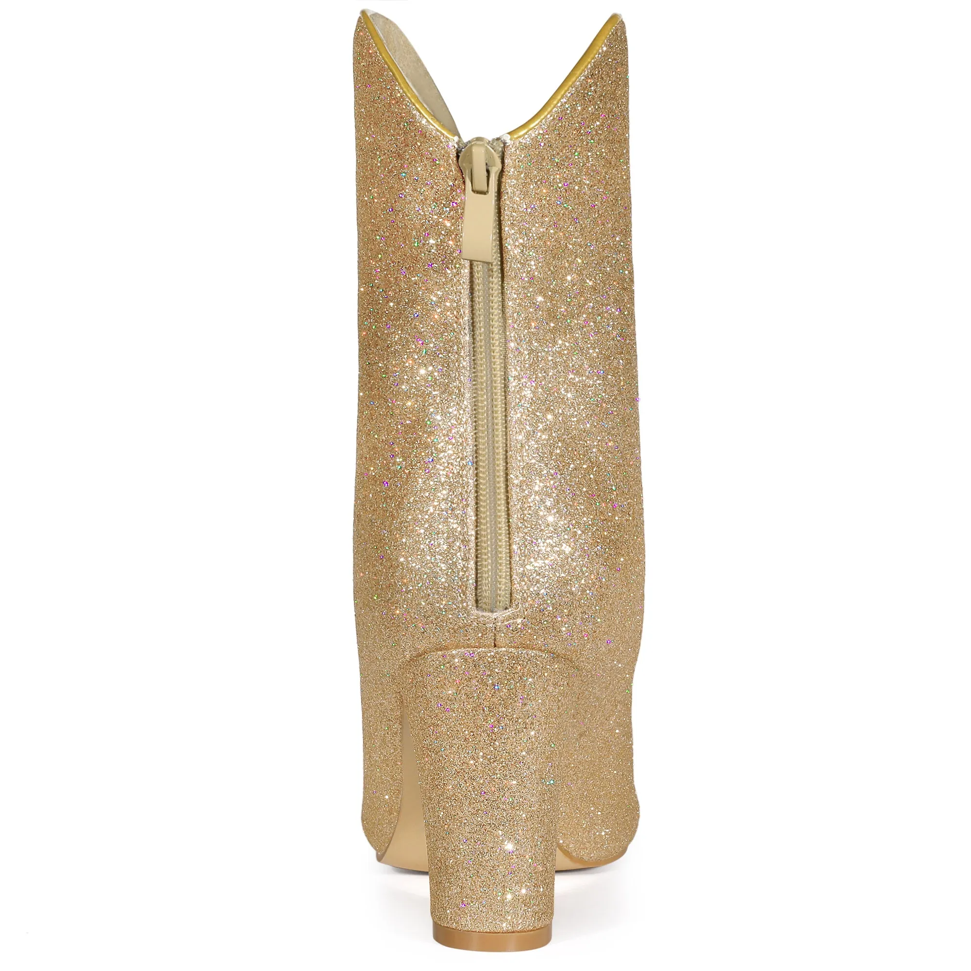 Glitter V Shape Pointy Toe Back Zipper Block Heel Mid Calf Boots