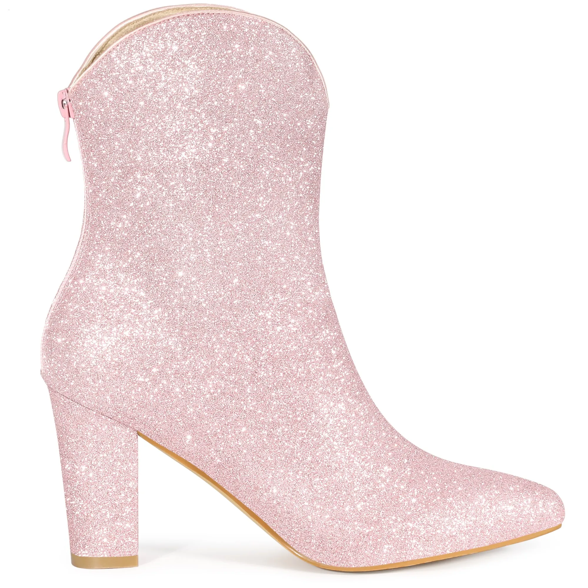 Glitter V Shape Pointy Toe Back Zipper Block Heel Mid Calf Boots