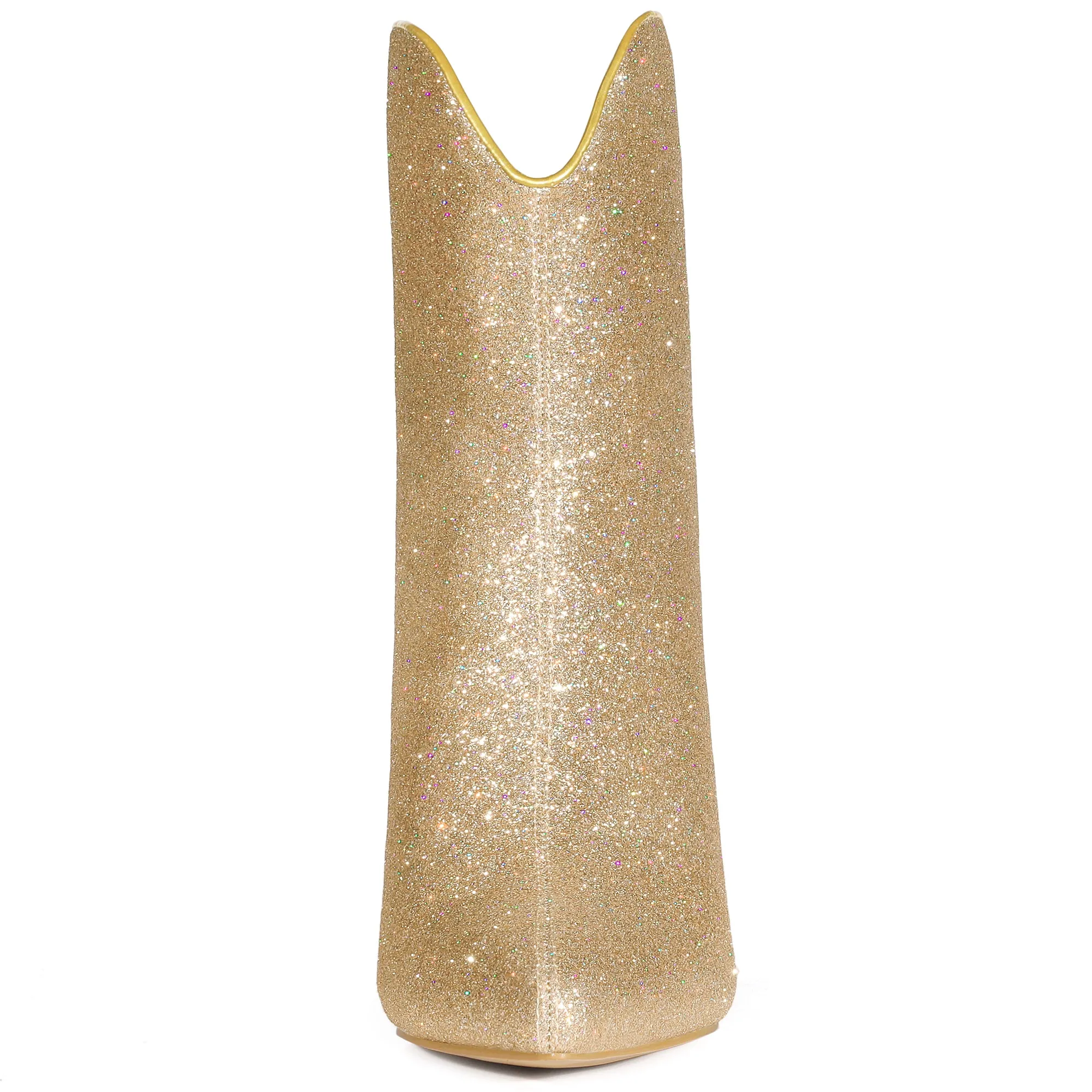 Glitter V Shape Pointy Toe Back Zipper Block Heel Mid Calf Boots
