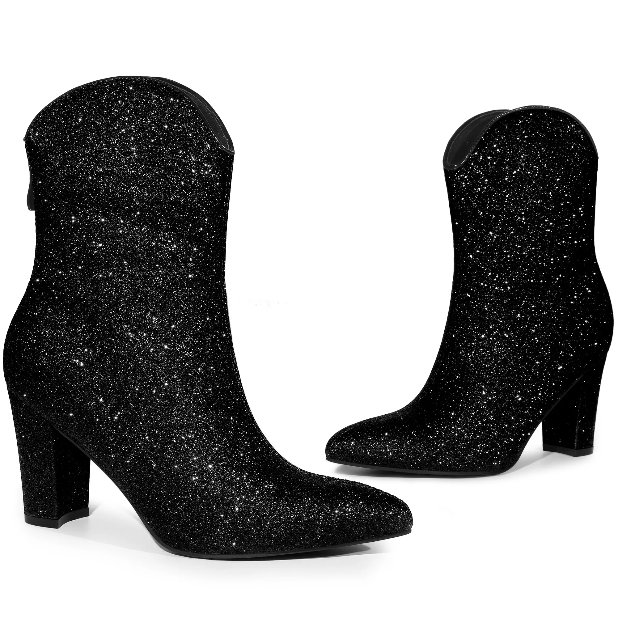Glitter V Shape Pointy Toe Back Zipper Block Heel Mid Calf Boots