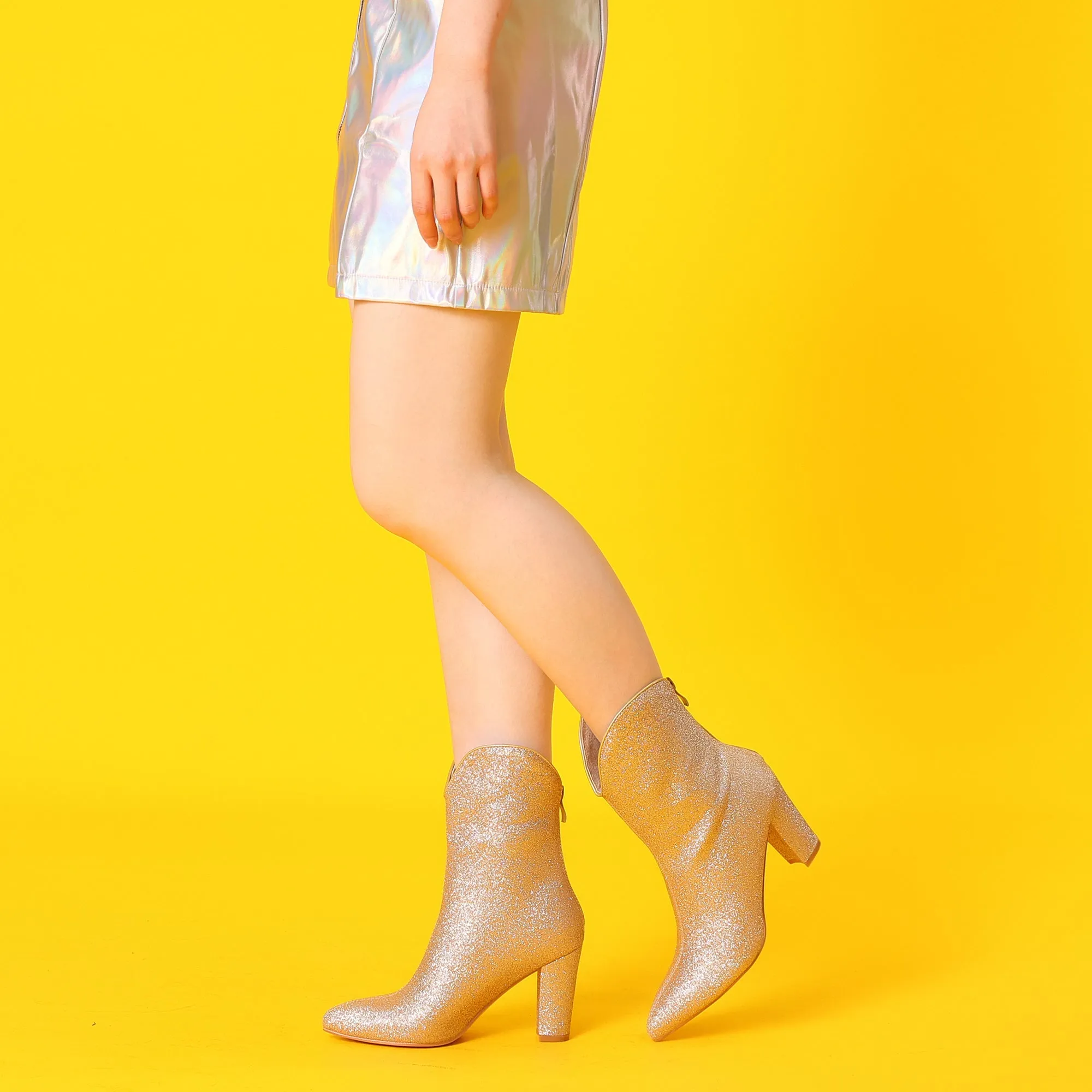Glitter V Shape Pointy Toe Back Zipper Block Heel Mid Calf Boots