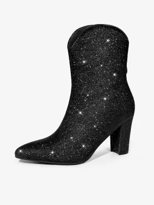 Glitter V Shape Pointy Toe Back Zipper Block Heel Mid Calf Boots