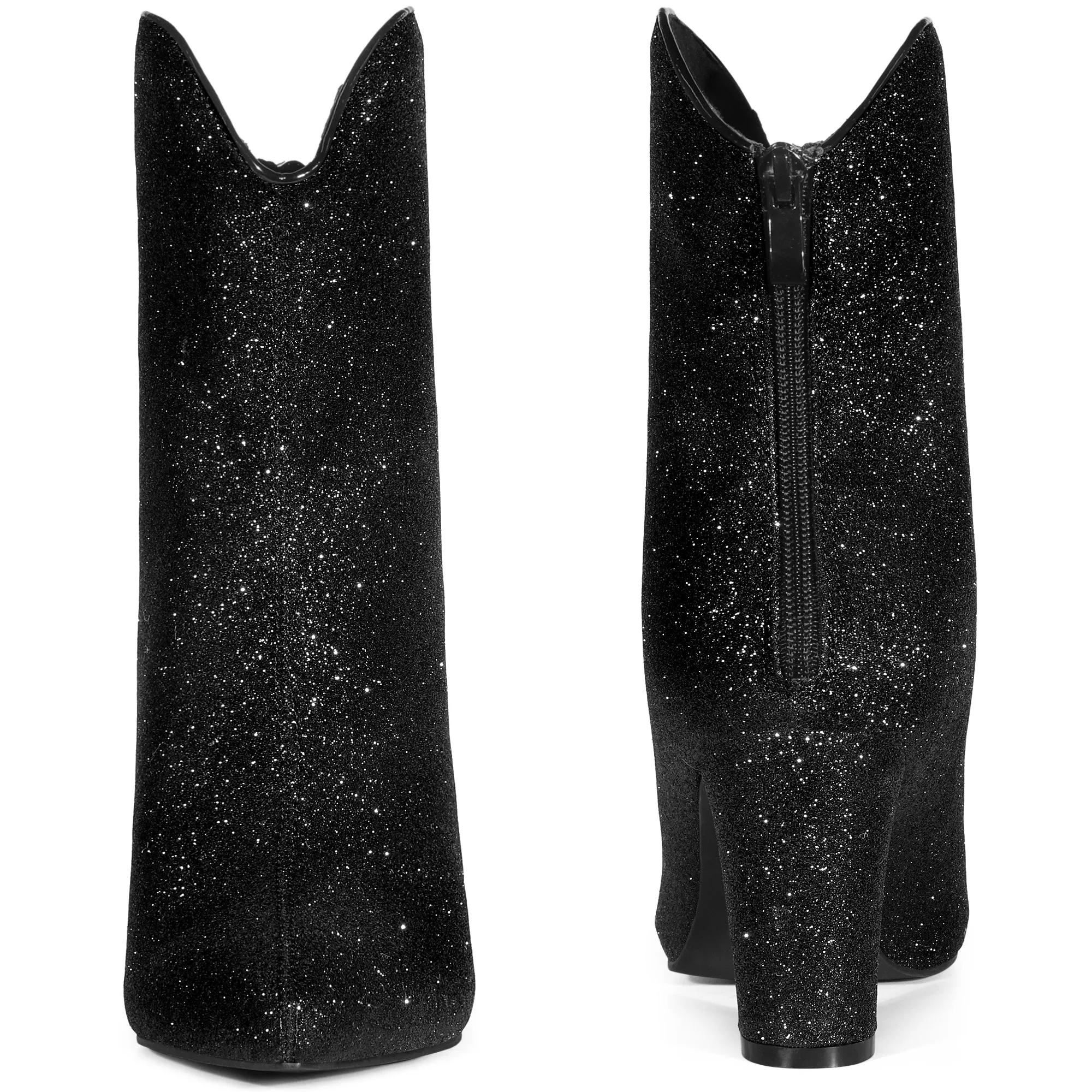 Glitter V Shape Pointy Toe Back Zipper Block Heel Mid Calf Boots