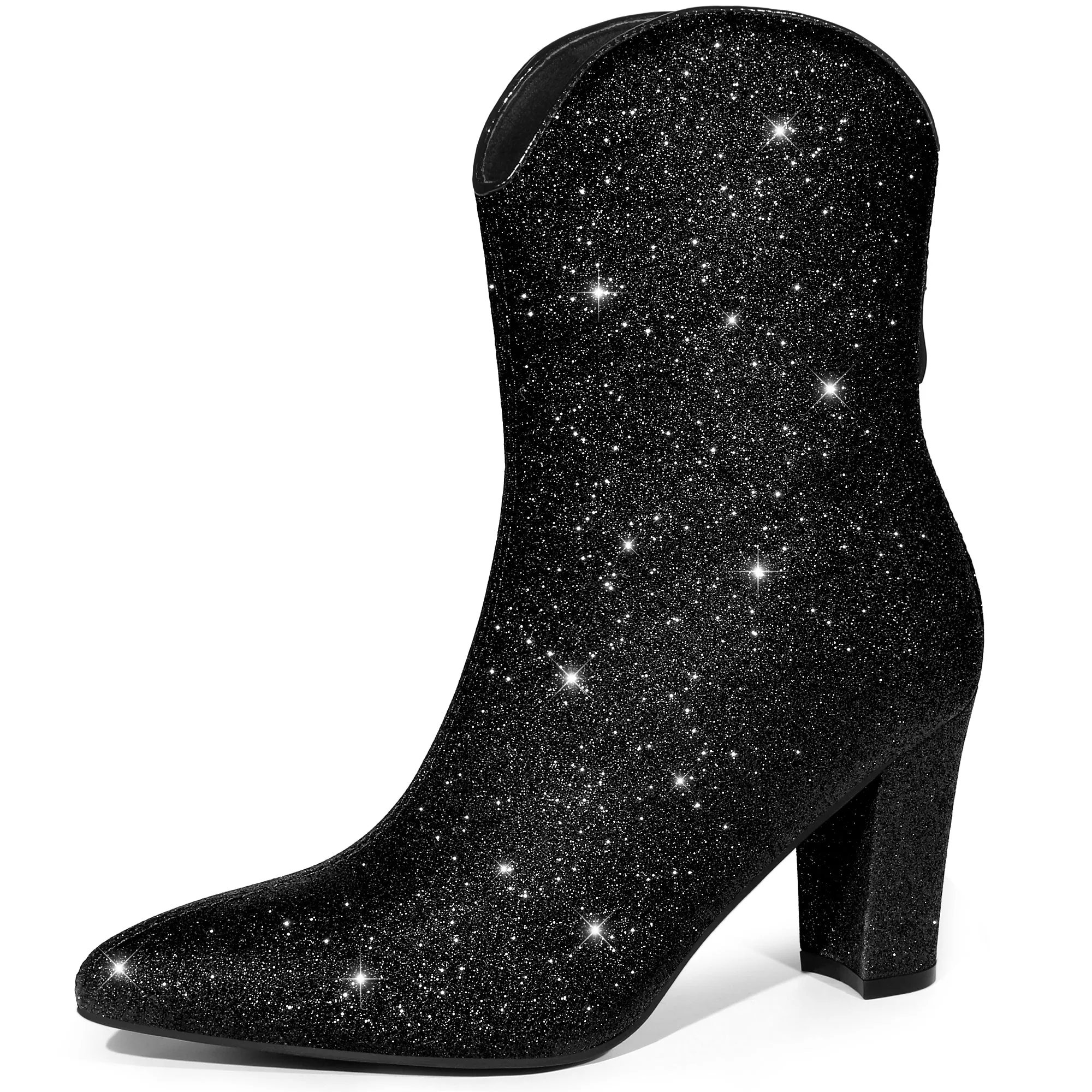 Glitter V Shape Pointy Toe Back Zipper Block Heel Mid Calf Boots