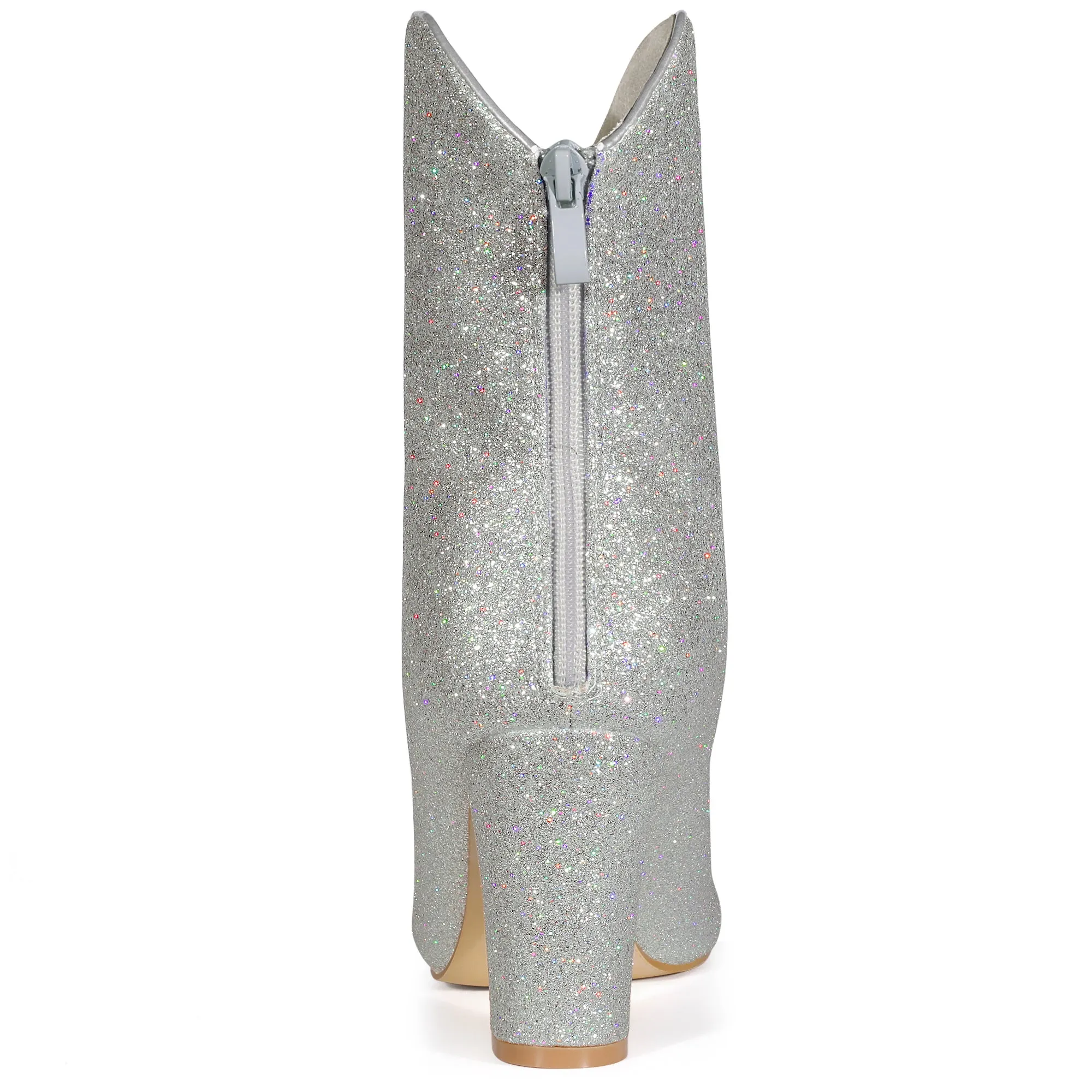 Glitter V Shape Pointy Toe Back Zipper Block Heel Mid Calf Boots