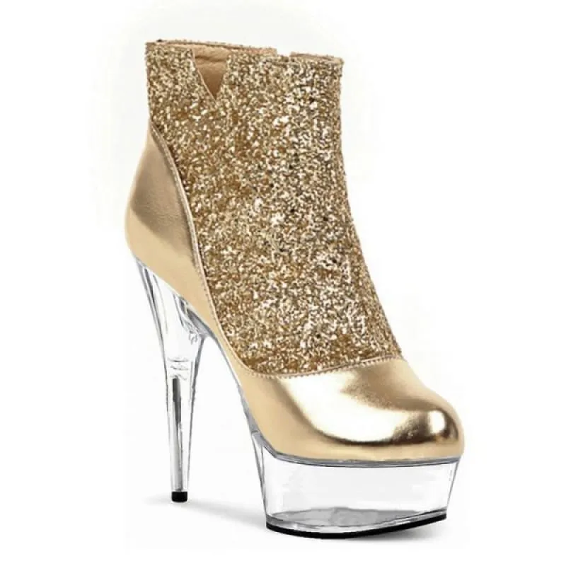 Glittered Round Toe High-heeled Platform Boots with Crystal Stiletto Heel