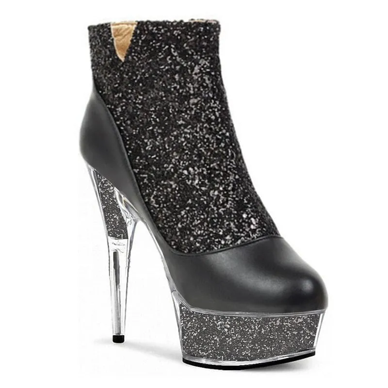 Glittered Round Toe High-heeled Platform Boots with Crystal Stiletto Heel